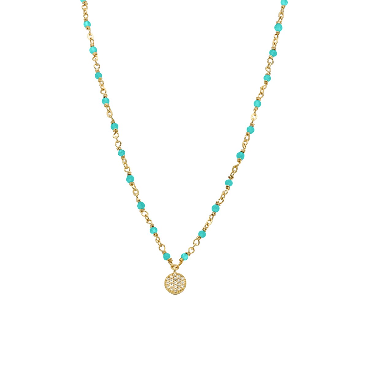 Collier Argent Doré Médaillon Serti Blanc Et Pierres Turquoise