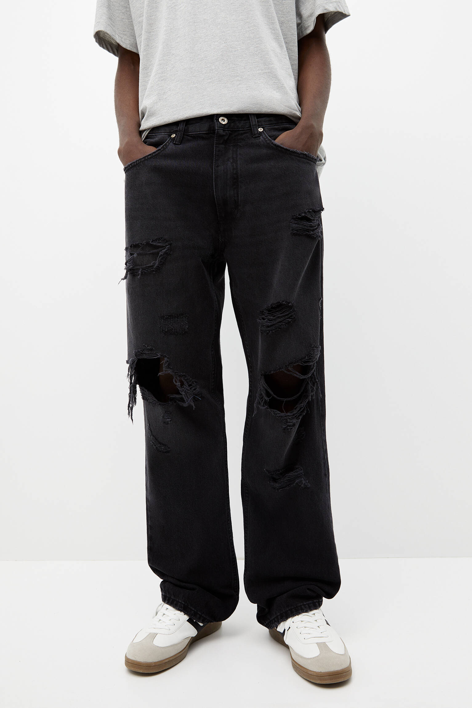 Calça jeans básica rasgada de perna larga - NEG-DELAV