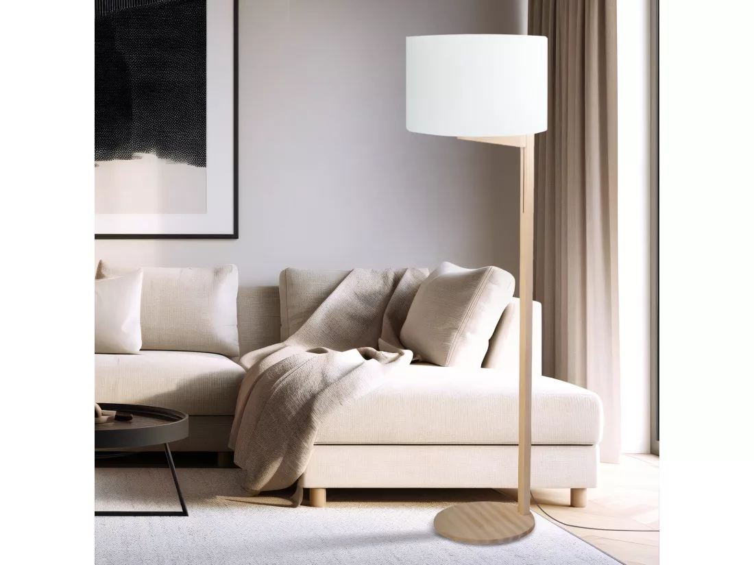 Lampadaire écru,bois naturel 168 cm.