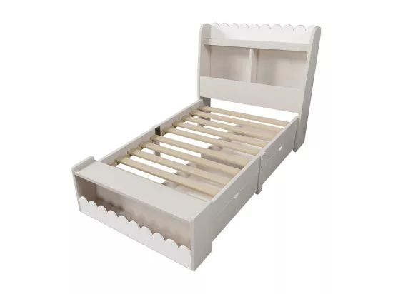 Lit simple enfant 90x190 cm, avec tiroirs, étagères et espace de rangement, blanc + couleur chêne