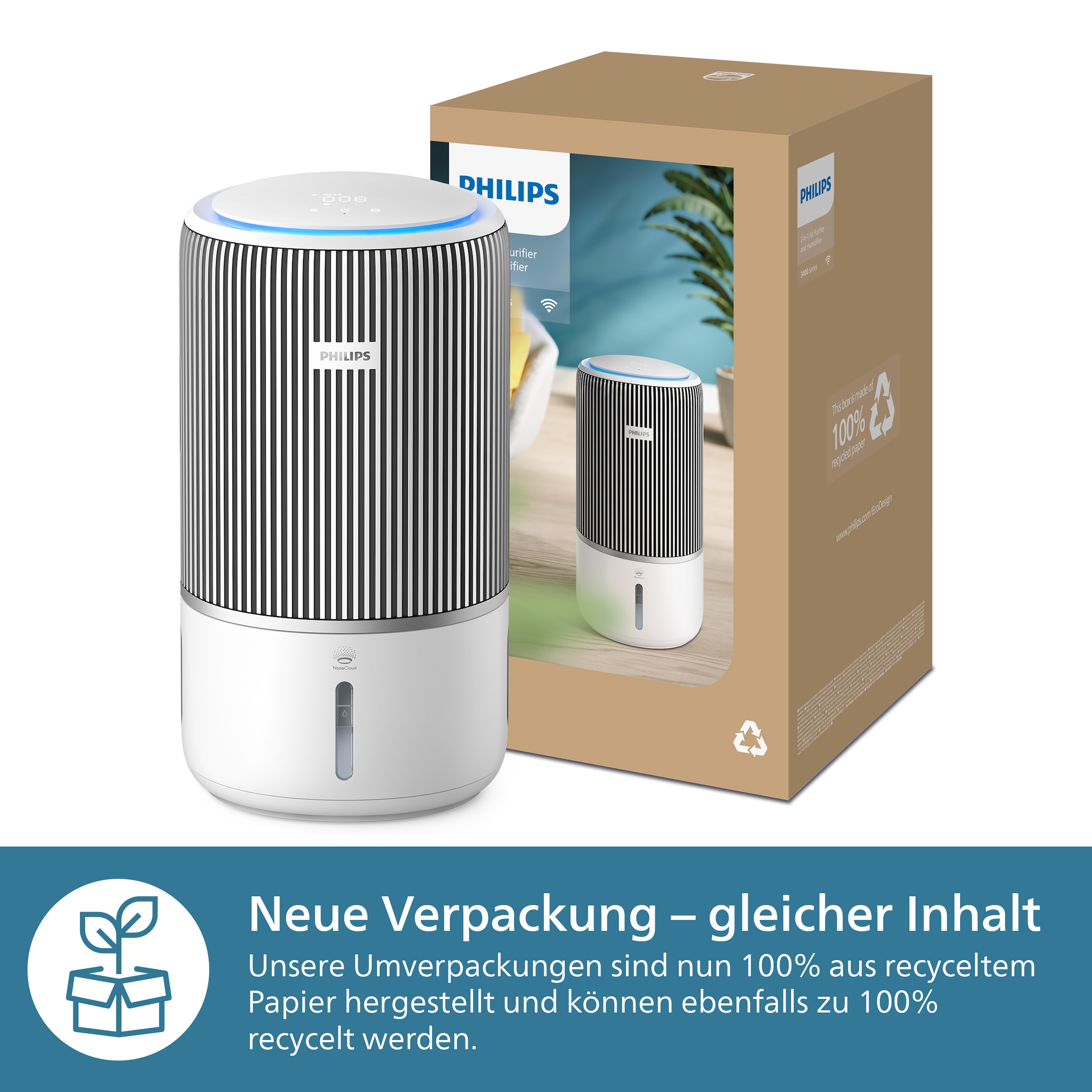 Philips Kombigerät Luftbefeuchter und -reiniger »AC3420/10 PureProtect Water 3400 Series, HEPA- und Aktivkohlefilter« für 78 qm Räume mit 300 m³/h CADR und 650 ml/h Befeuchtungsrate, WLAN, Air+ App
