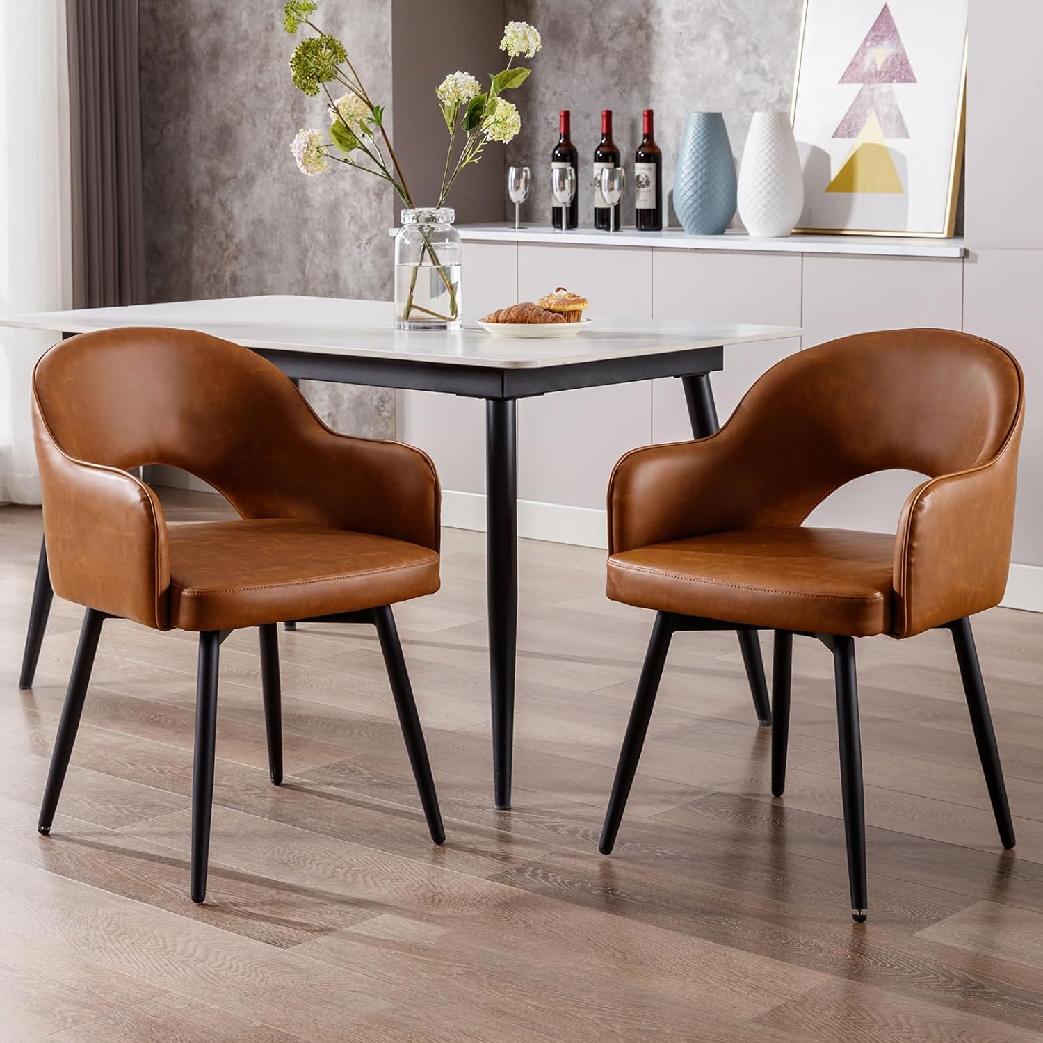 Esszimmerstühle 2er Set, Drehbare Küchenstühle mit  Armlehne PU-Kunstleder Polsterstuhl Metallbeine für Esszimmer/Restaurant/Wohnzimmer, Braun