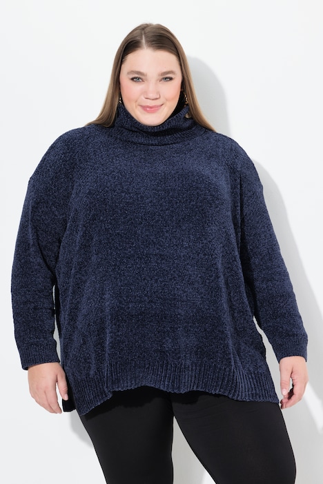 Chenille-Pullover, Oversized, Stehkragen, Langarm