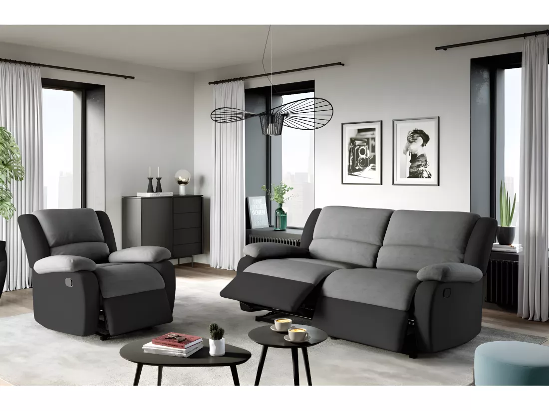 Canapé relax manuel 3 places avec 2 assises XXL Léo en microfibre et simili - Noir/Gris - L193 x P93 x H96cm - Loungitude