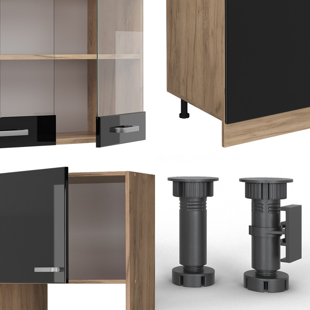 Vicco Küchenzeile R-Line Solid Eiche Schwarz 300 cm modern Küchenschränke Küchenmöbel