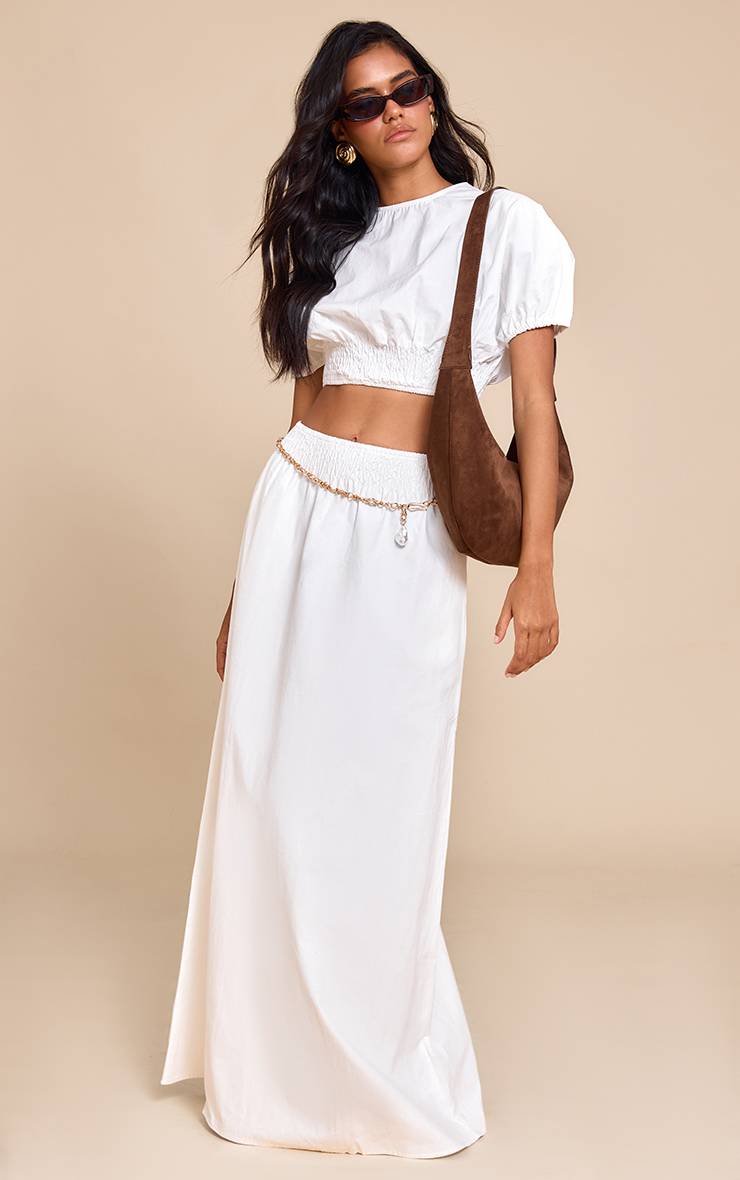 Blanc Jupe Longue Taille Basse À Taille Froncée Ensemble Coordonné