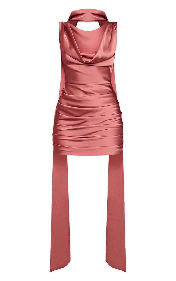 Rose Robe Courte Drapée À Col Bénitier En Satin Plt Label