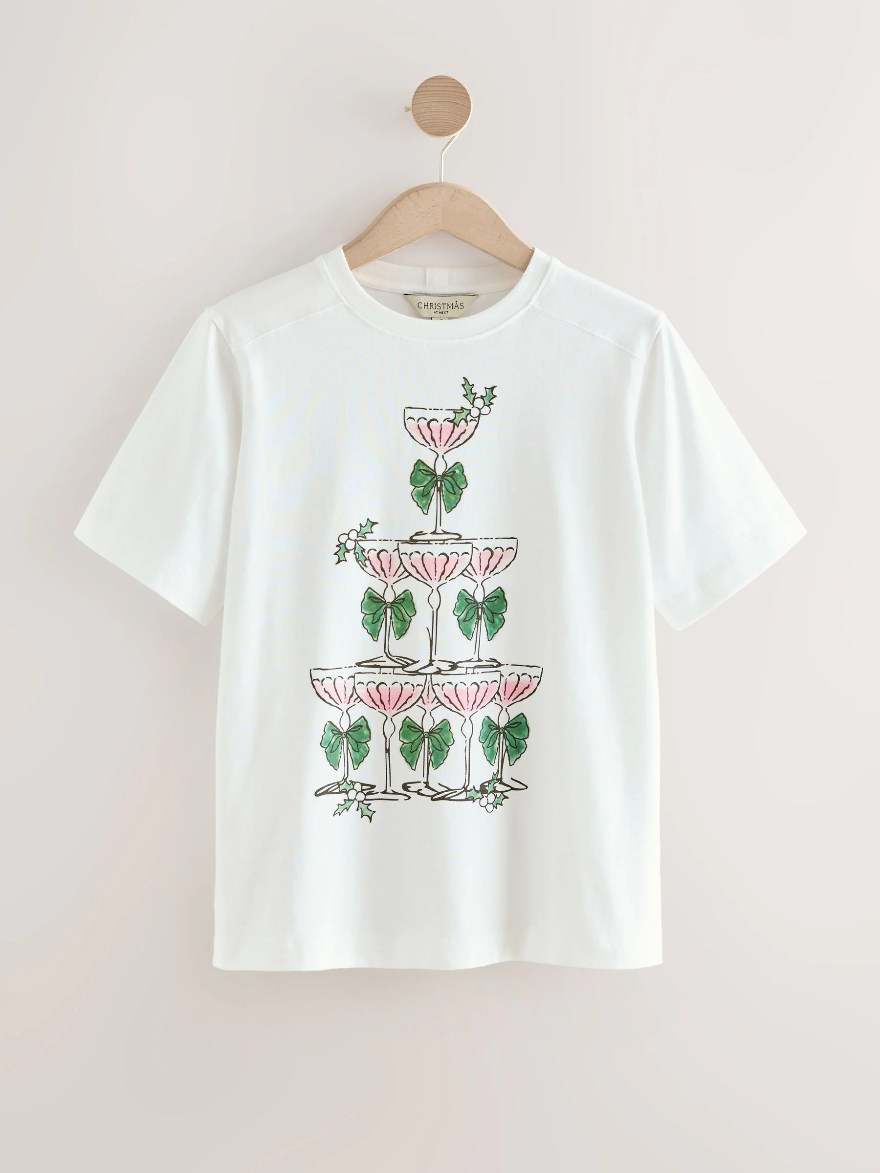 Ecru - T-shirt van zwaargewicht met feestelijke champagnetoren met geïllustreerde kerstprint