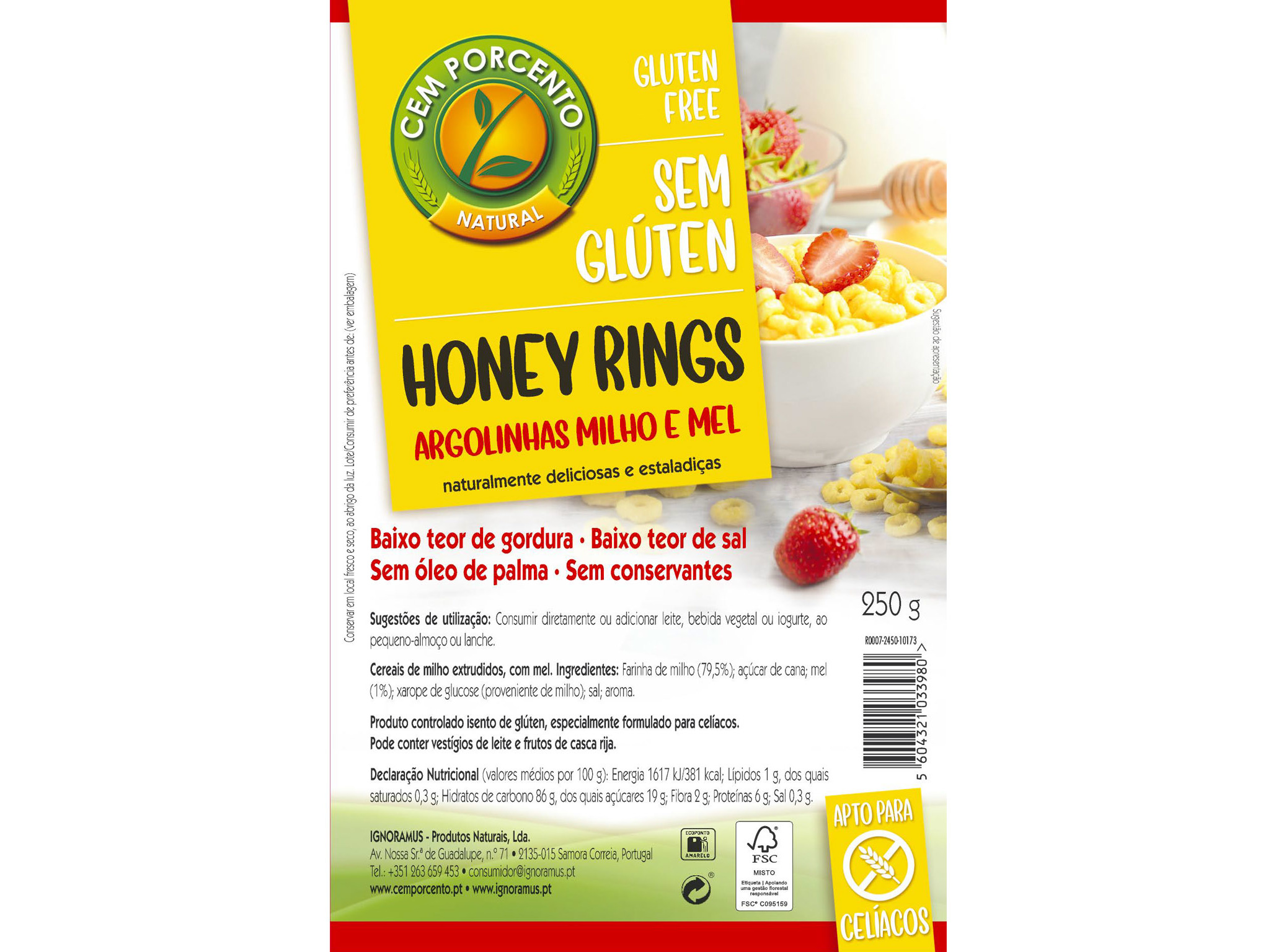 CEREAIS CEM PORCENTO HONEY RINGS SEM GLÚTEN 250G