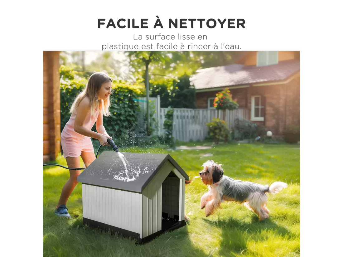 Niche chien extérieure - maison chien - niche plastique - grille d'aération - dim. 62L x 61l x 60H cm - blanc gris noir