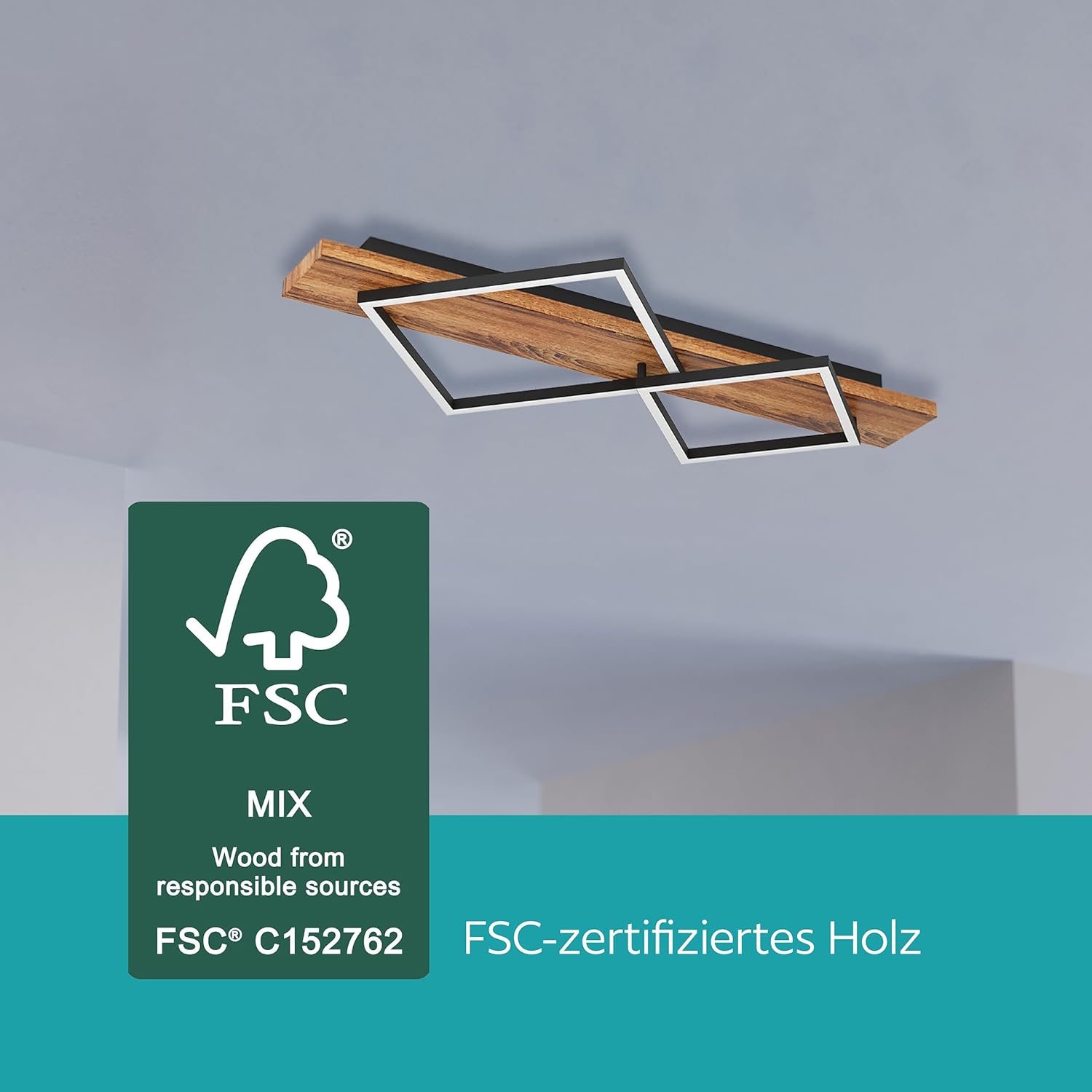 EGLO LED Deckenleuchte Boyal, Deckenlampe 2-flammig, Wohnzimmerlampe aus rustikalem Holz und schwarzem Metall, Lampe Decke FSC zertifiziert, warmweiß, 78 cm
