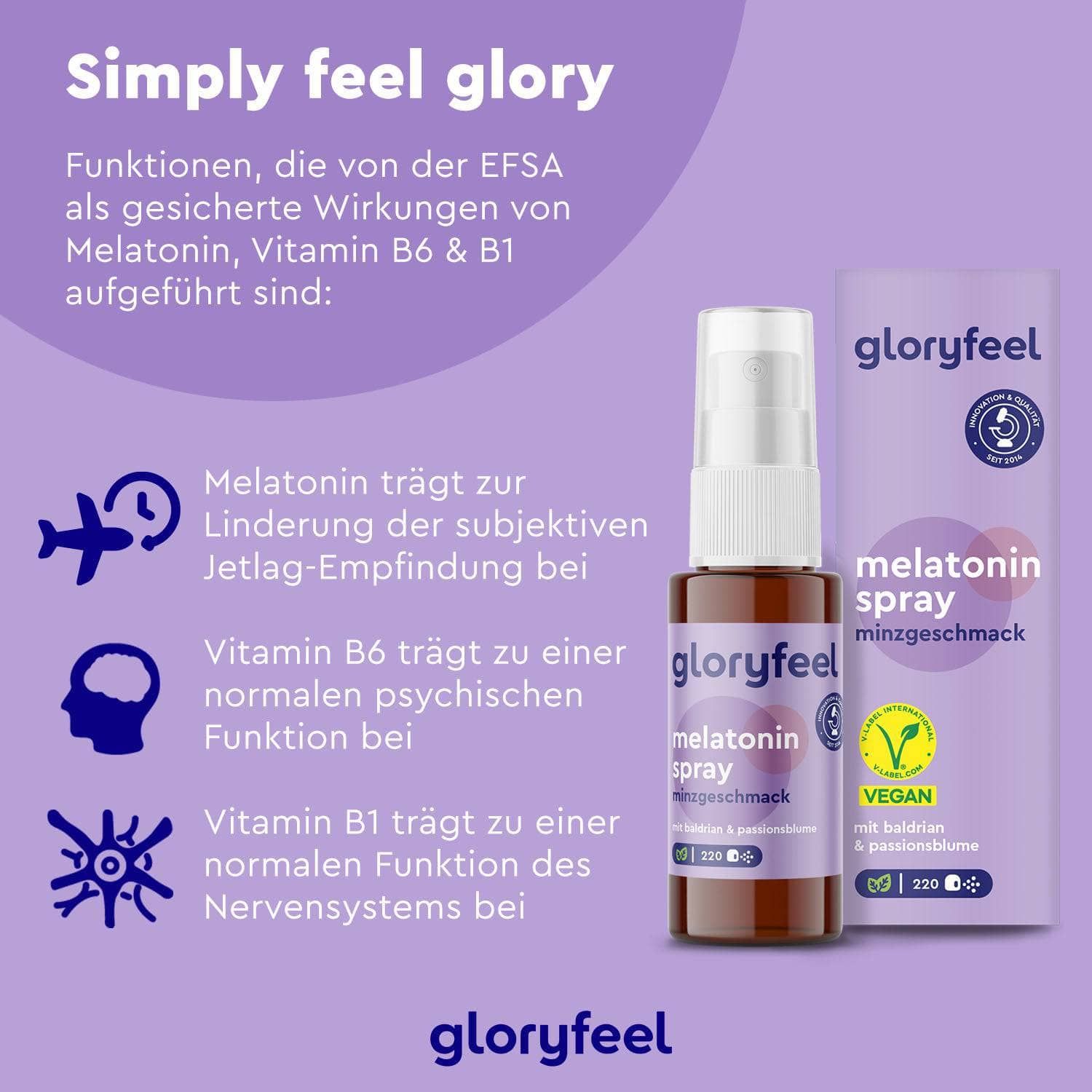 gloryfeel® Melatonin + Baldrian, Lavendel + Melissen Extrakt Spray Minze