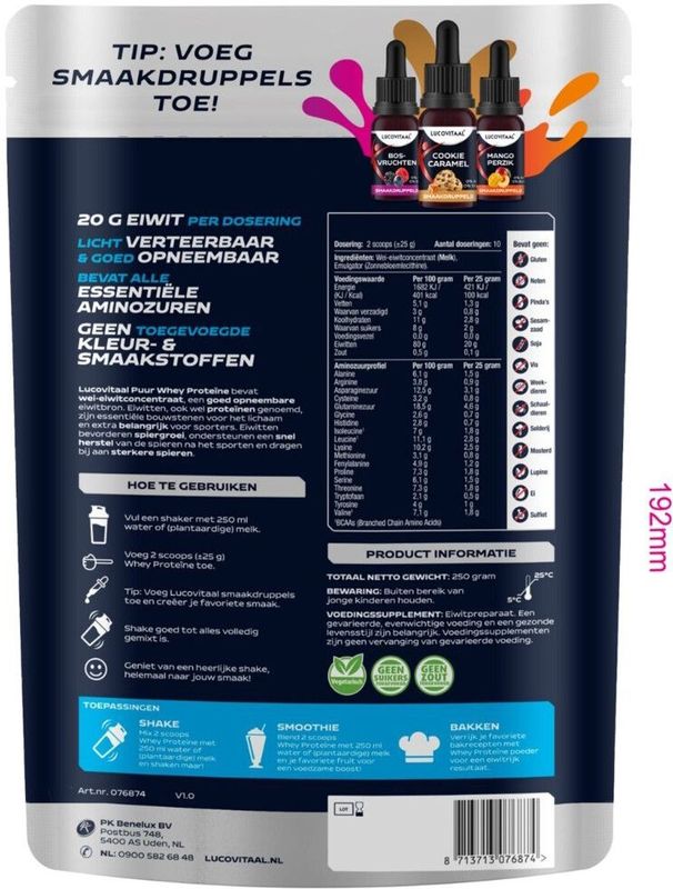 Lucovitaal - Proteïne Whey Poeder Puur - 2x 250 gr - Eiwitshakes