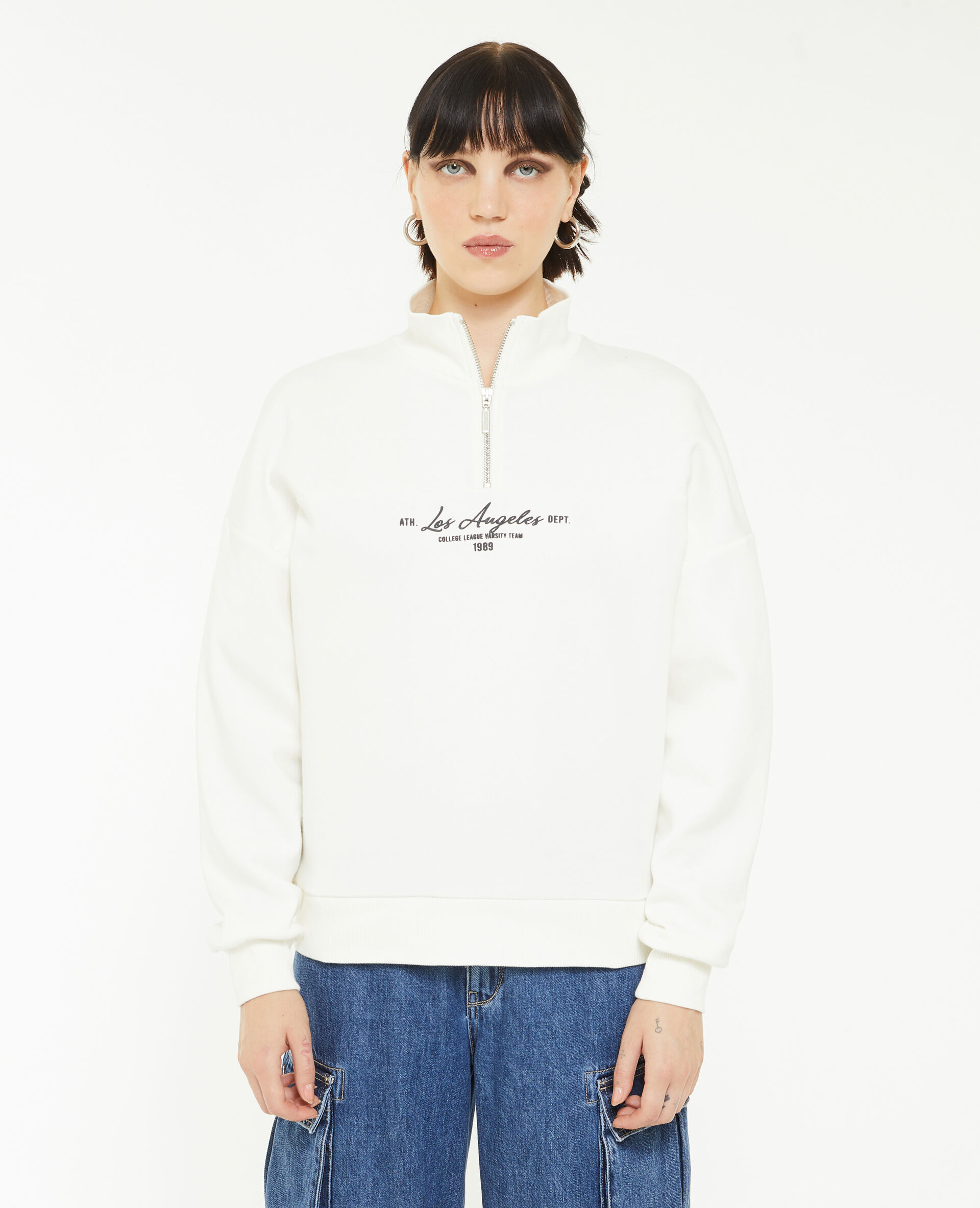 Sweat avec flocage col zippé - Blanc