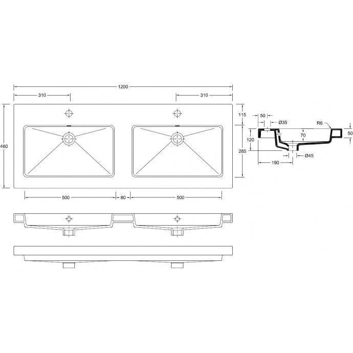 Mueller Double natuursteen wastafel 120x46cm 2 kraangaten