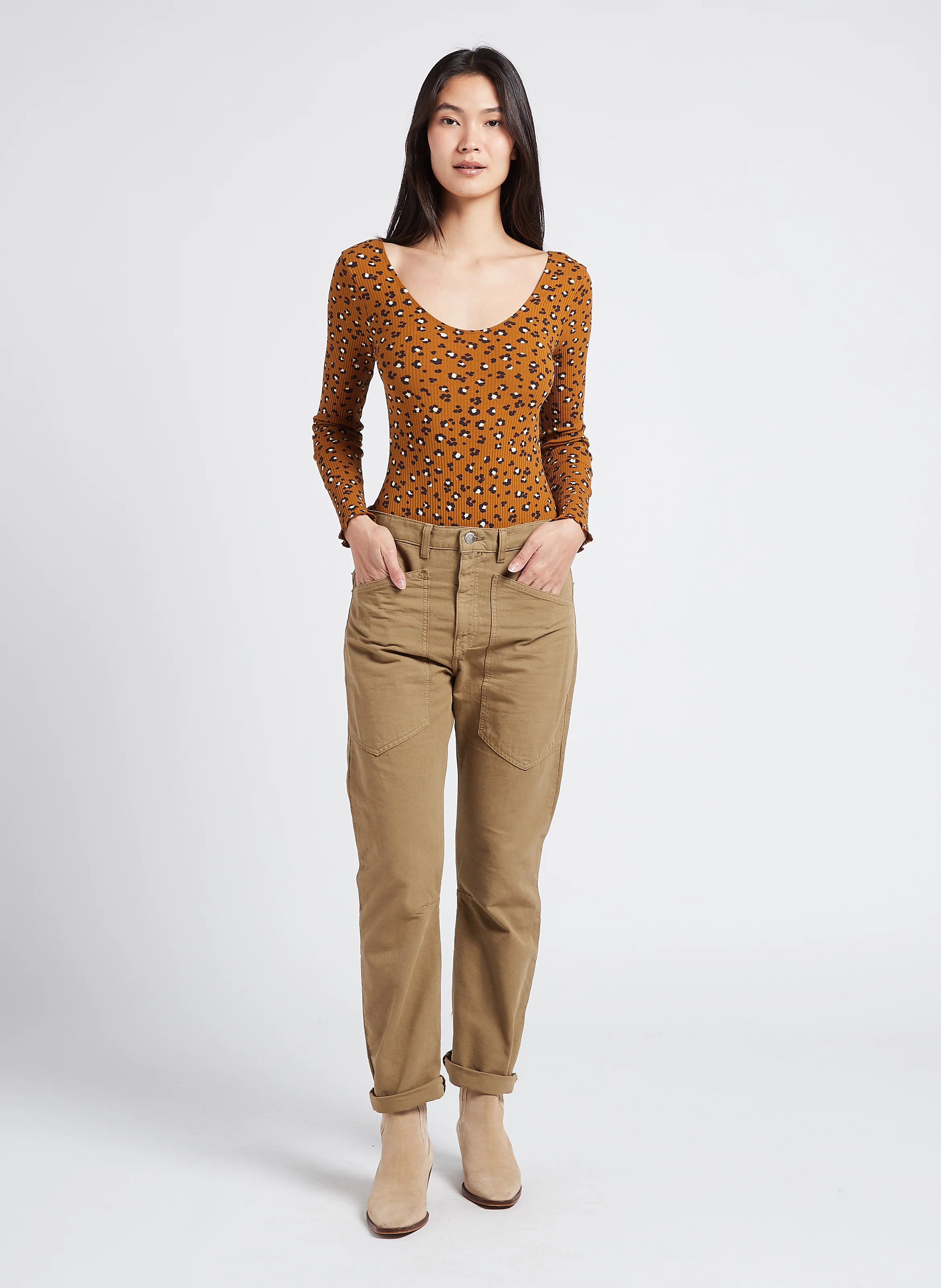 SEAN - Jean droit taille haute en coton | Kaki