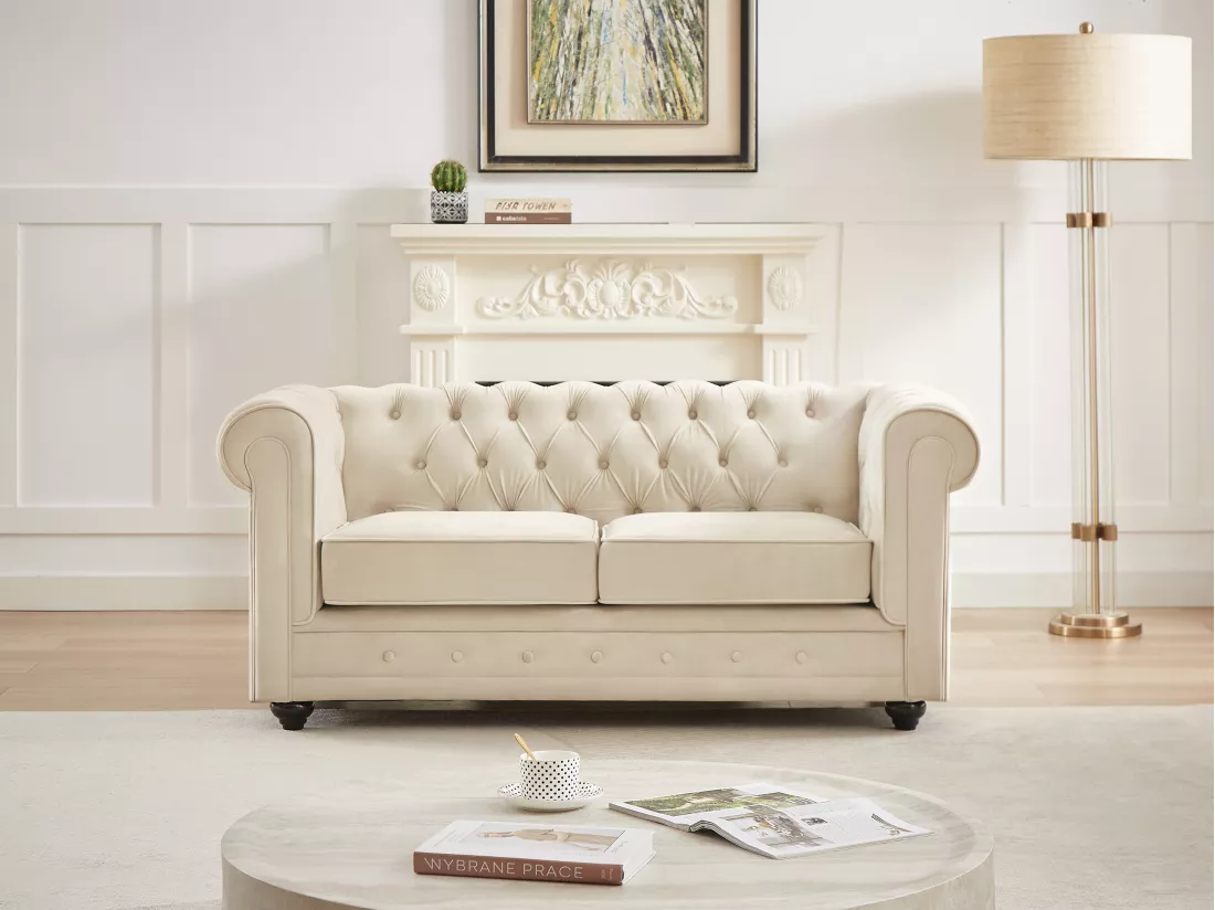 Canapé 2 places en velours beige CHESTERFIELD