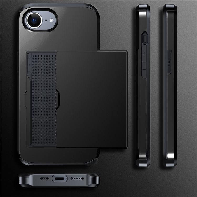 iPhone 16e Hybrid Hardcase Hülle mit integriertem Karten Portemonnaie (aufschiebbar) - Schwarz