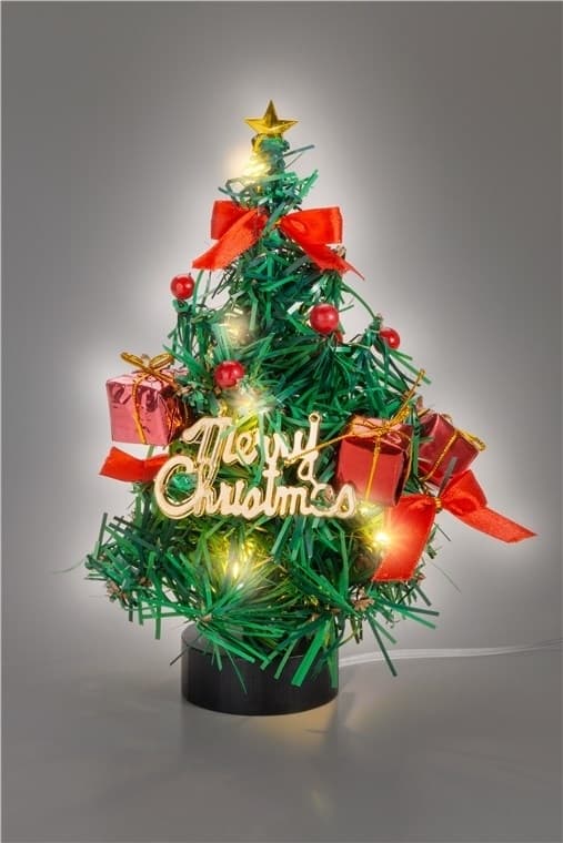 Goobay LED-mini-juletræ med juledekoration, 15 mikro-LED'er i varm hvid (2700 K) og 75 cm USB-kabel, højde ca. 22 cm