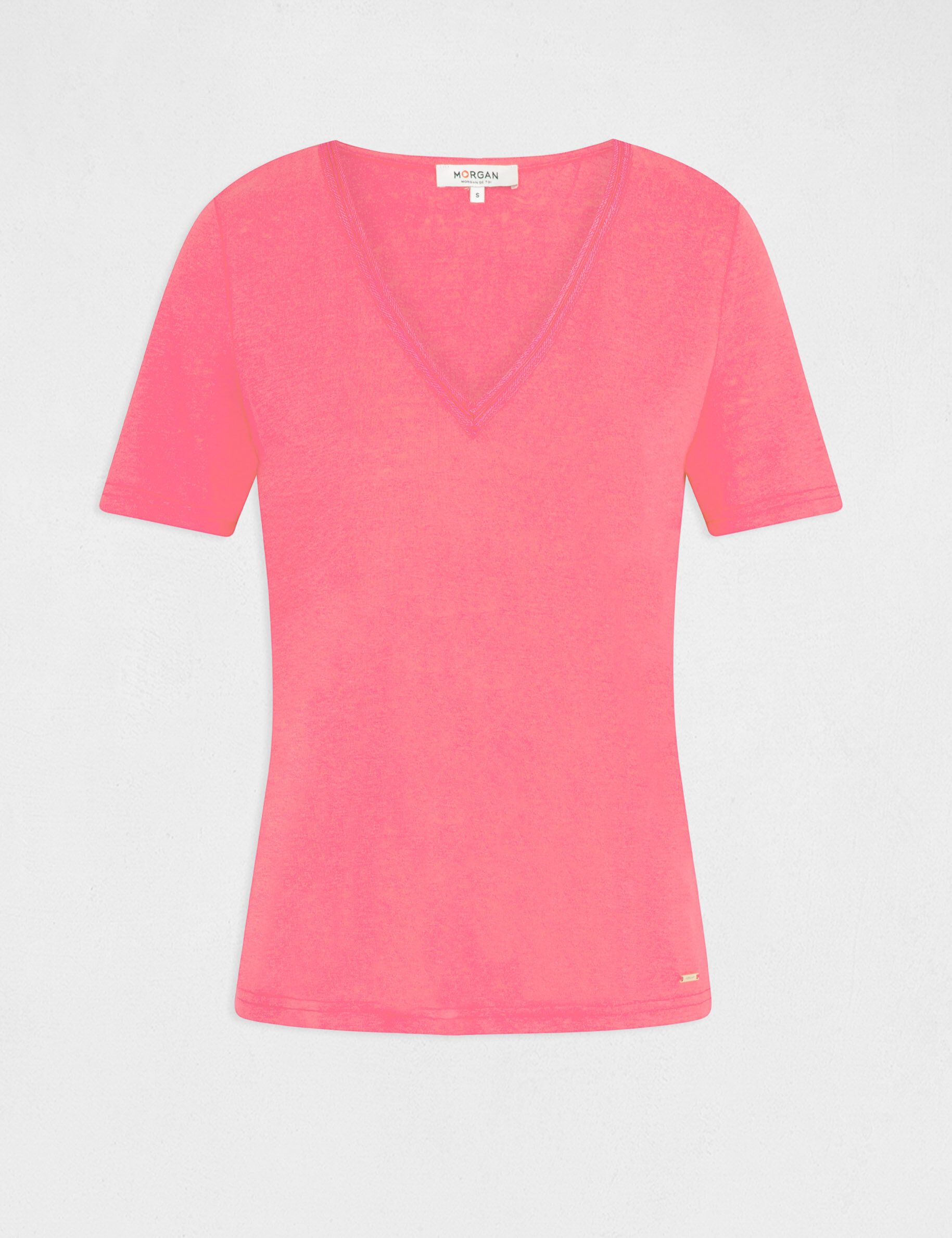T-shirt manches courtes avec col en V fuchsia femme - fuchsia