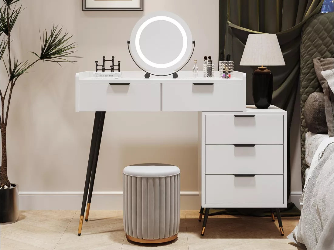 Coiffeuse - 5 tiroirs & miroir à LED réglable - MDF - Blanc (tabouret non inclus)