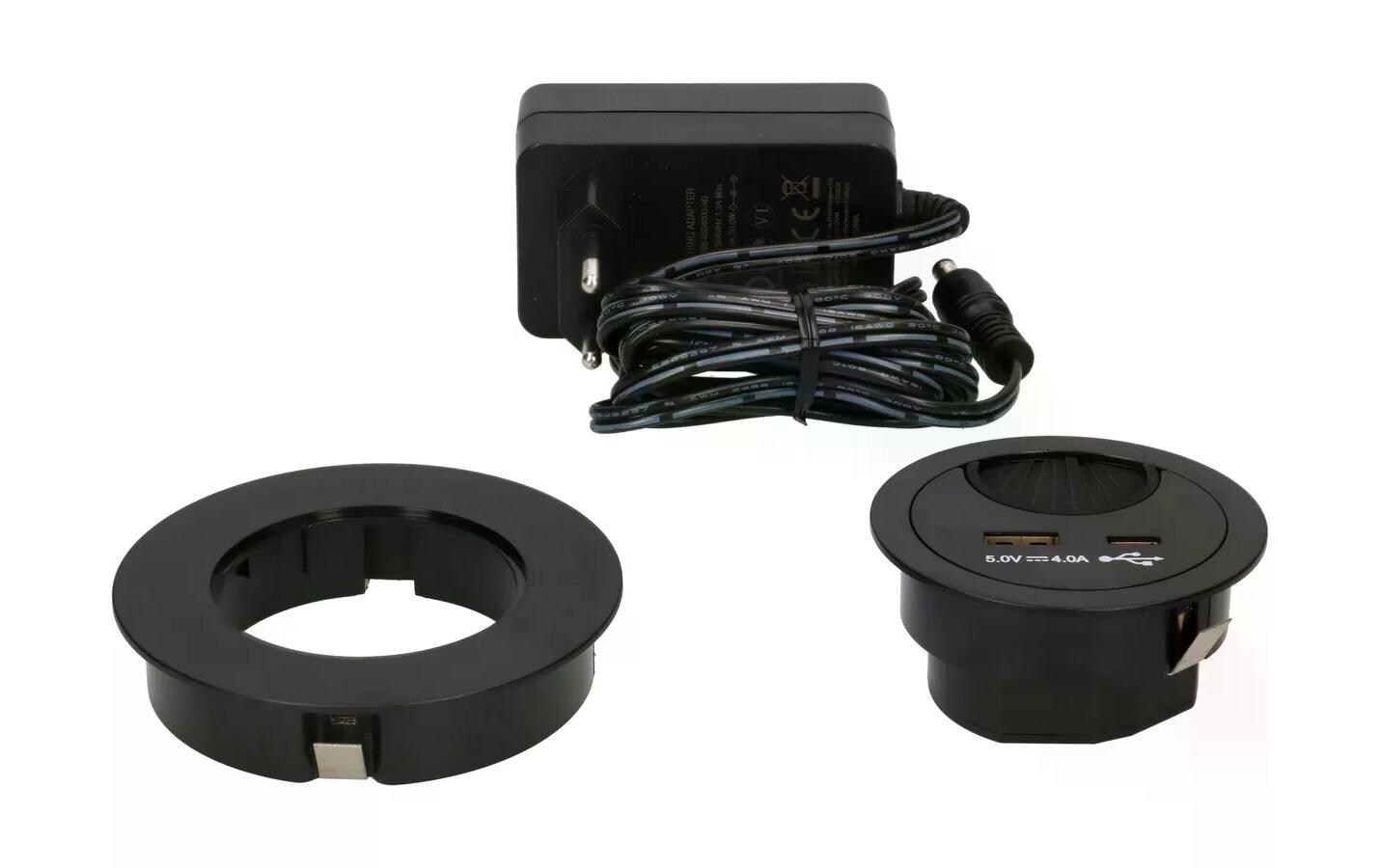USB-Ladesteckdose USB A+C mit Kabeldurchführung, SchwarzKabeldurchführung mit USB A und USB C Charger