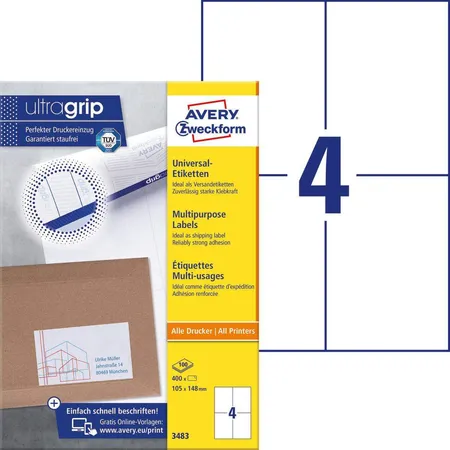 Avery Zweckform 3483 Universal-Etiketten,A4 mit ultragrip,105 x 148 mm, 100 Bogen/400 Etiketten, weiß