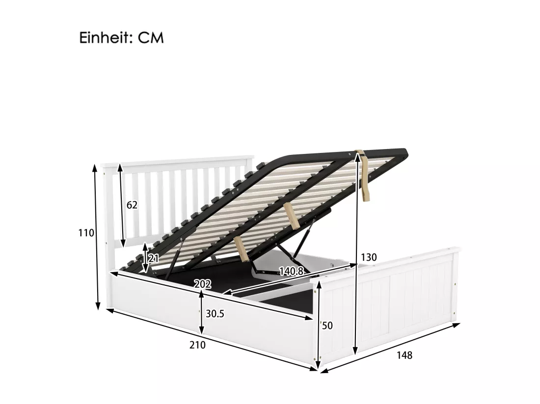 Lit coffre 140 x 200 cm en bois avec tête de lit - Sommier à lattes et rangements - Blanc