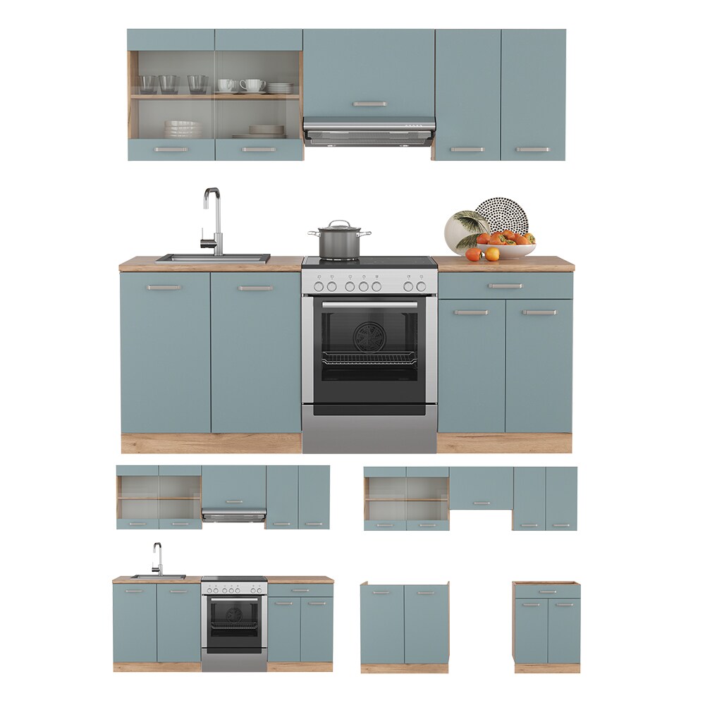 Vicco Küchenzeile R-Line Solid Eiche Blau Grau 200 cm modern Küchenschränke Küchenmöbel