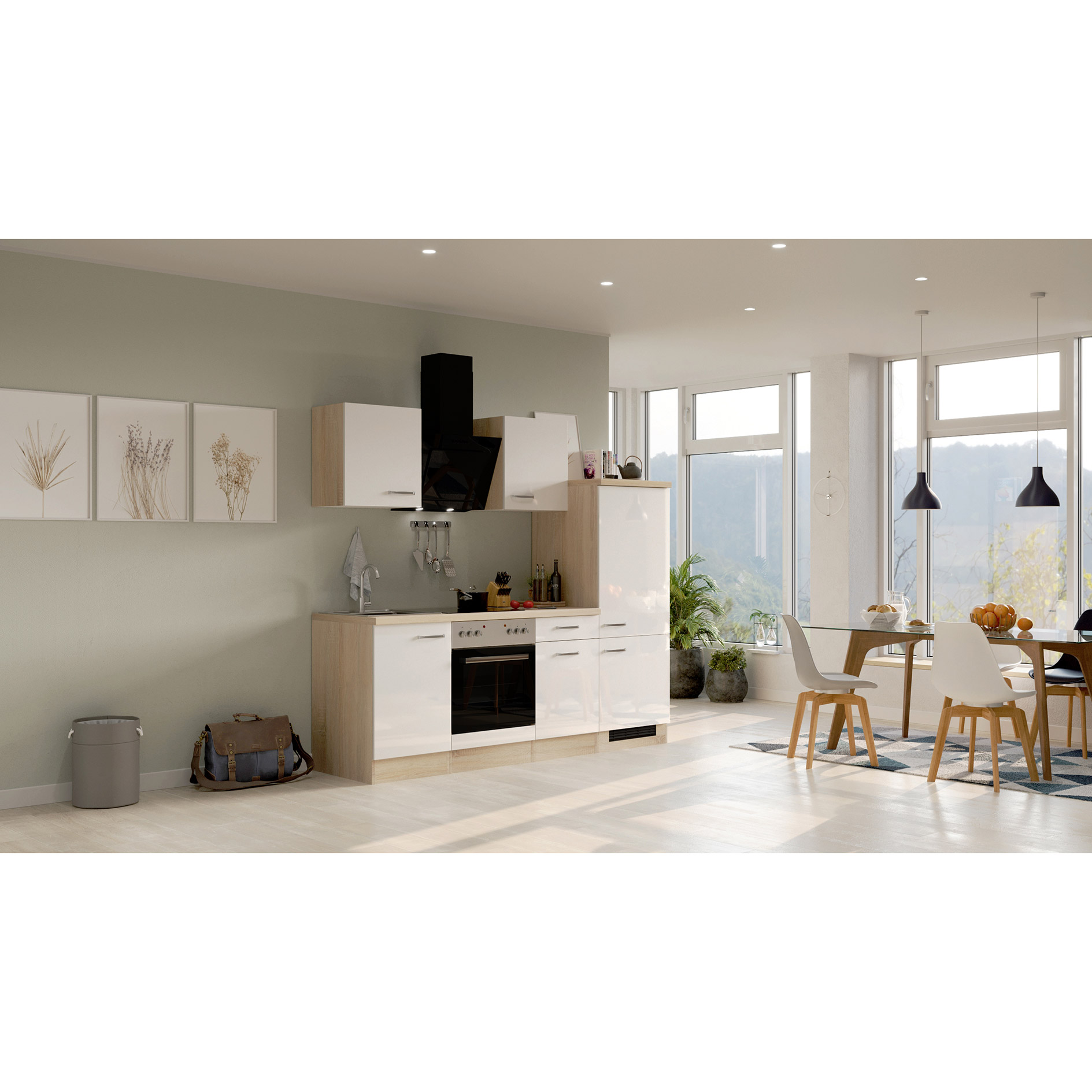 Küchenblock VALERO - weiß Hochglanz - Sonoma Eiche - mit E-Geräten - 220 cm