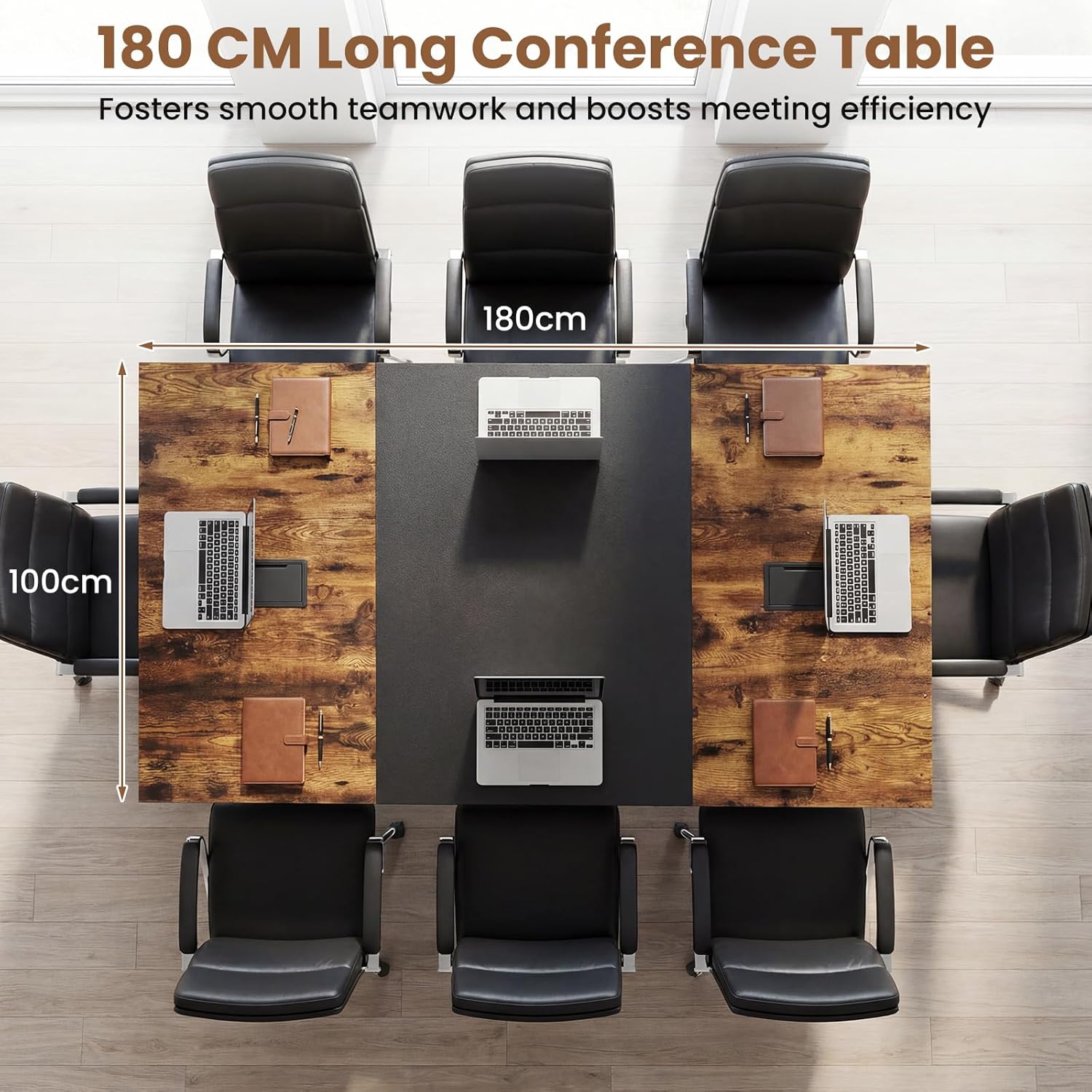 GIANTEX Konferenztisch 180 x 100 cm, Großer Besprechungstisch für 6 bis 8 Personen, rechteckiger Bürotisch mit 2 Kabeldurchlässen, Metallgestell, Traglast 120 kg, für Besprechungsraum & Büro