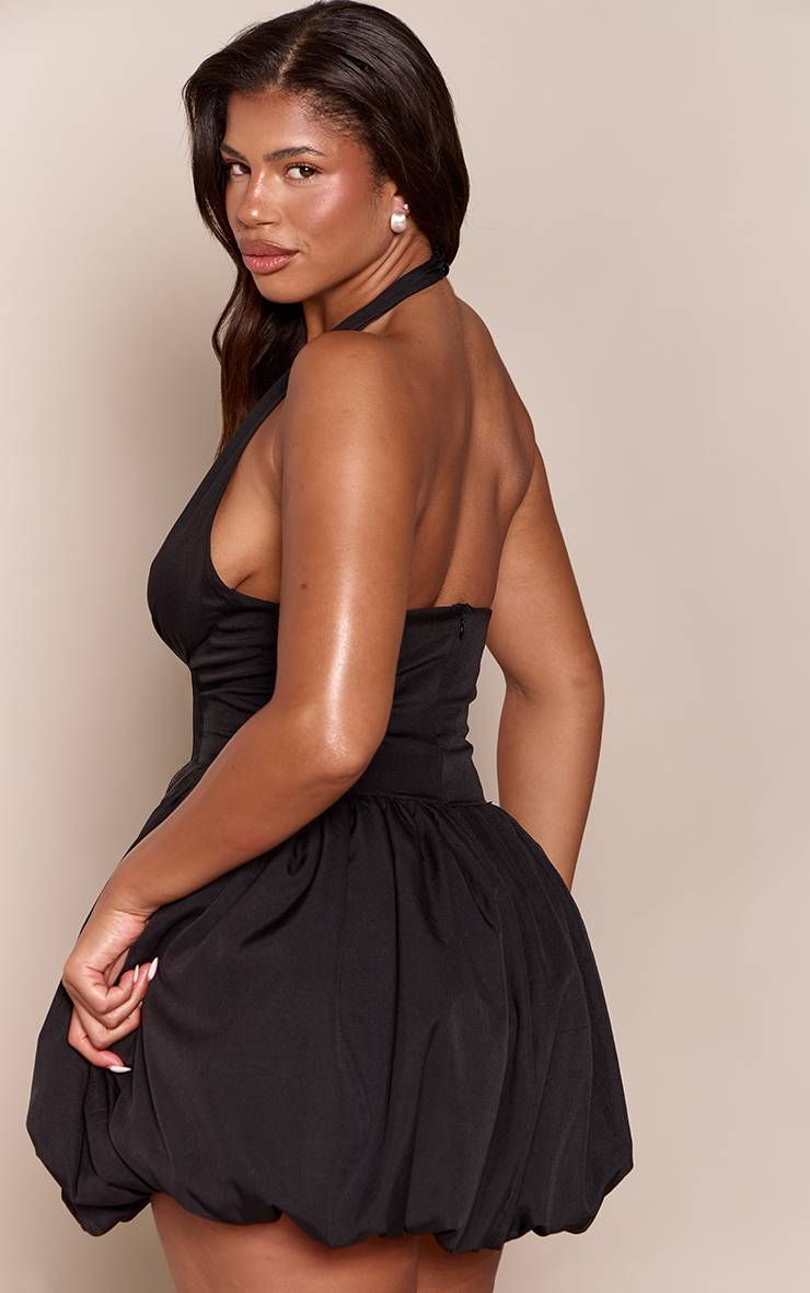 Noir Robe Mini Boule À Imprimé Floral Vintage Crème Avec Encolure Dos-nu Et Coupe Sculptante