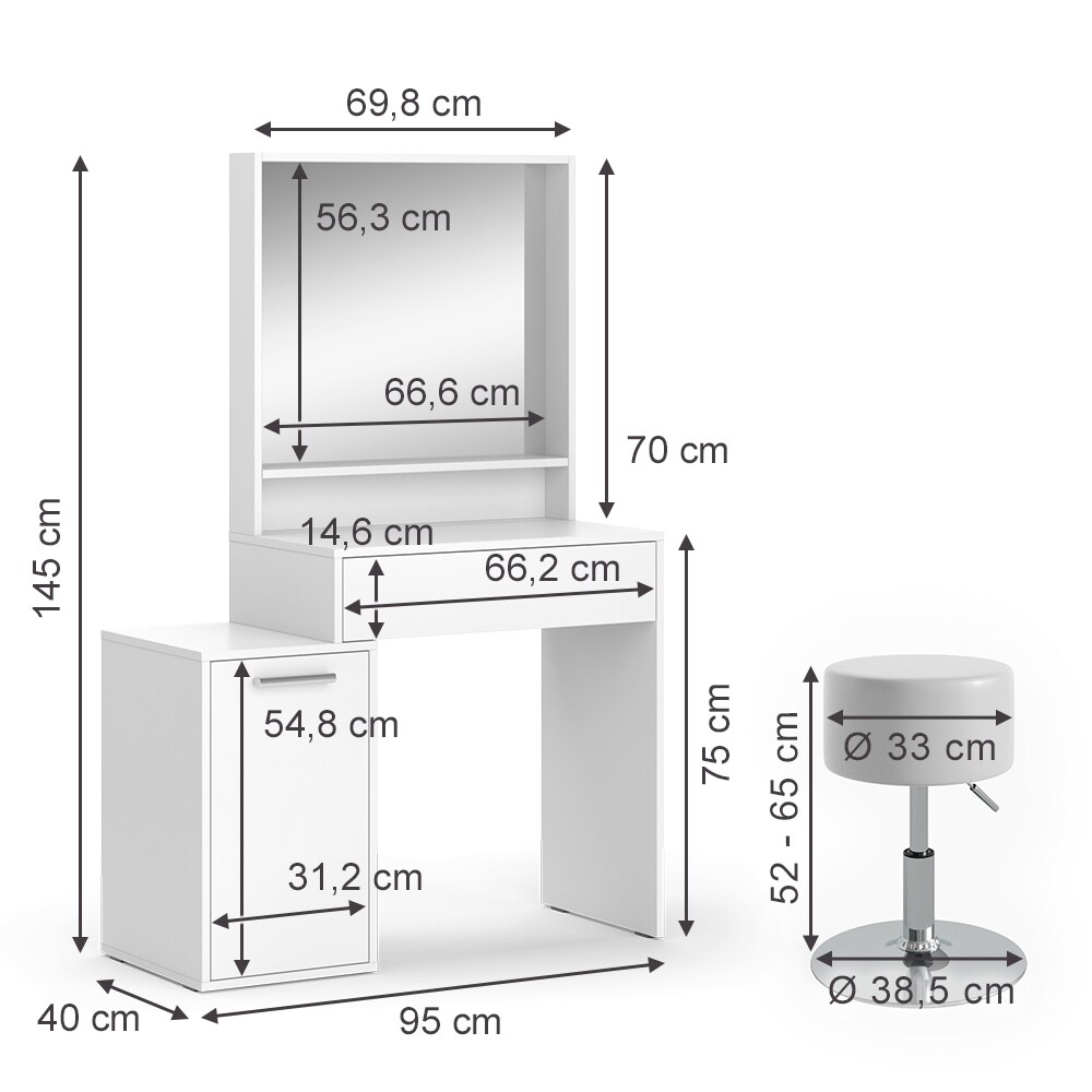 Vicco Schminktisch Altea 95 x 145 cm Weiß Frisiertisch Spiegel Hocker modern