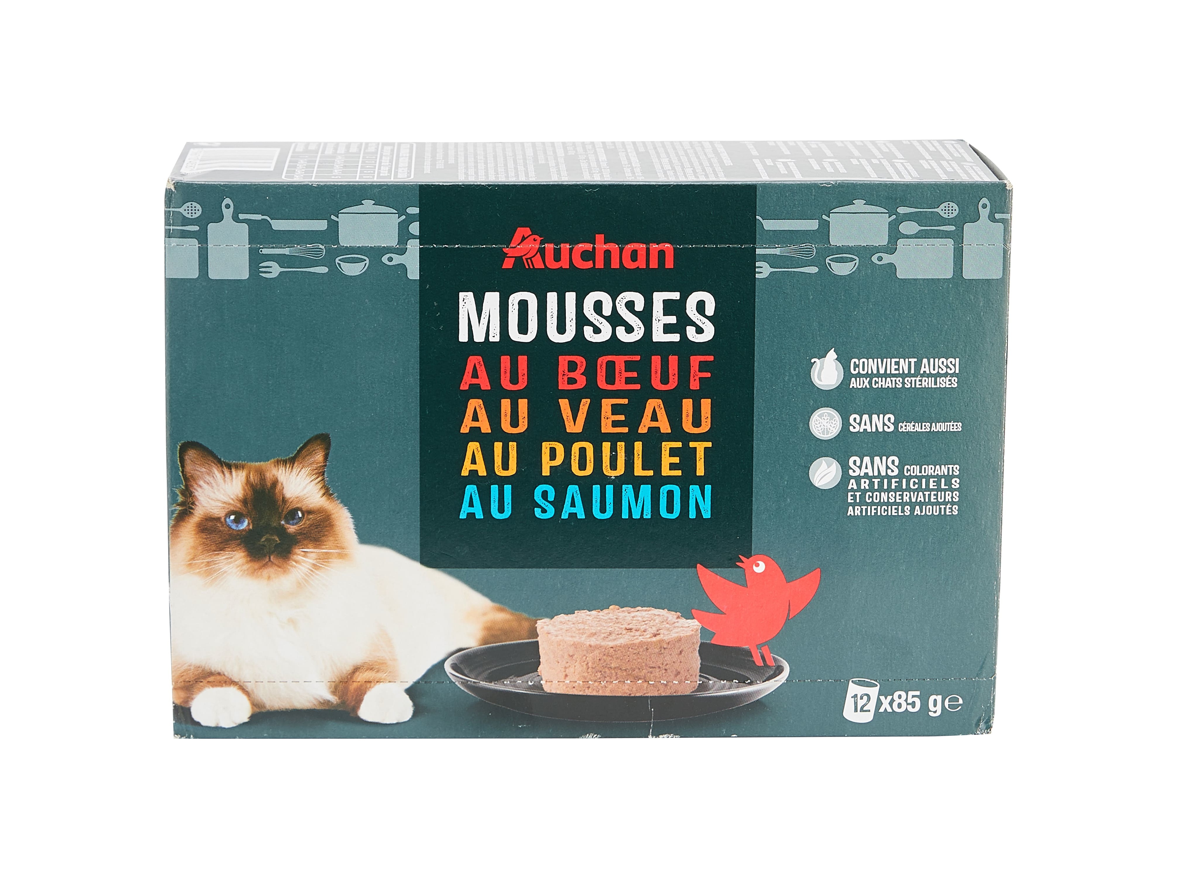 COMIDA HÚMIDA PARA GATO AUCHAN MOUSSES CARNE E PEIXE 12X85G