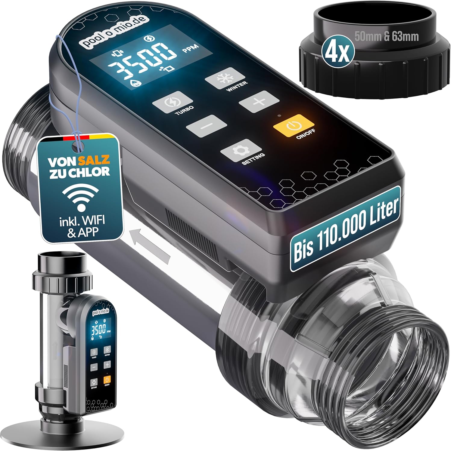 Poolomio® Chlorinator Pool bis 110.000L | Salzelektrolysegerät 25g/h mit Smarter App-Steuerung & Titanzelle | Salzanlage zur chemiefreien Wasserpflege | Pool Salzwassersystem mit Dosierautomatik