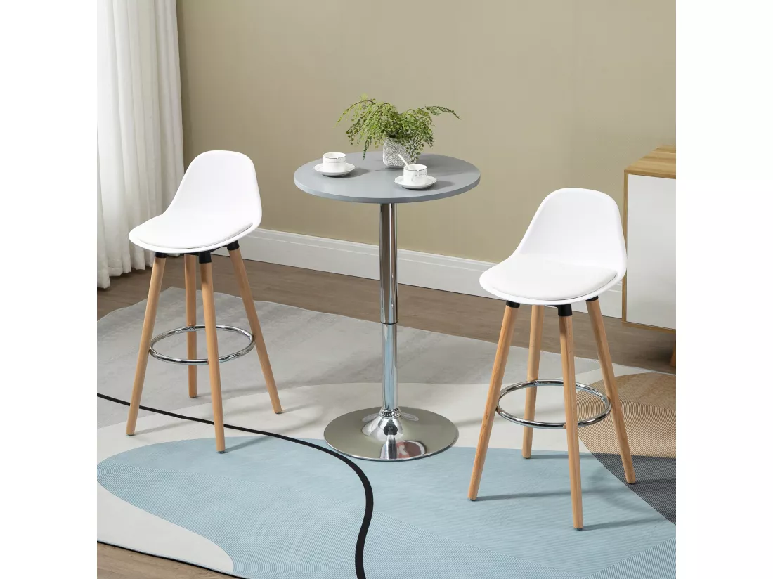 Tabourets de bar style scandinave - lot de 2 tabourets de bar avec repose-pieds - piètement bois de hêtre assise PU blanc