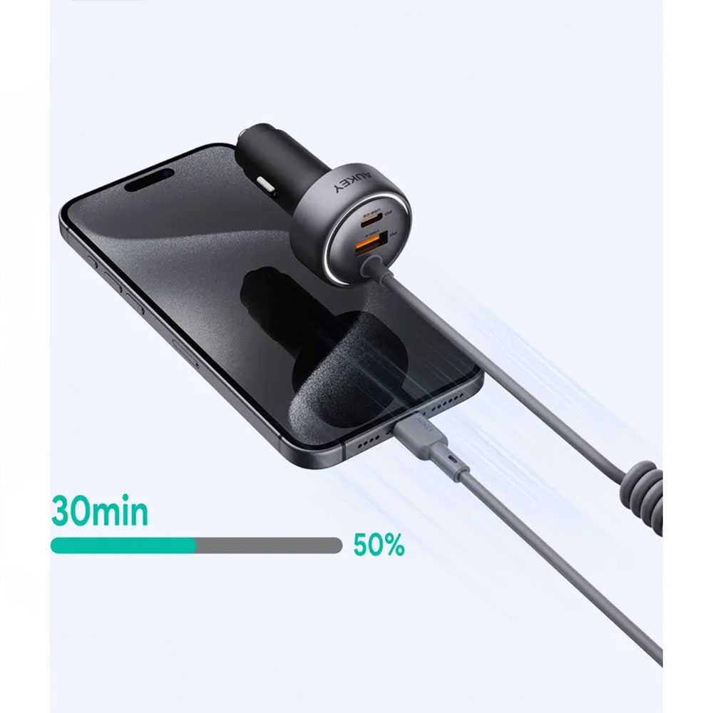 (75W) Pathfinder Sling USB C / USB A Auto KFZ Ladegerät Car Charger für Zigarettenanzünder mit USB C Spiral Ladekabel (CC-P2) - Silber