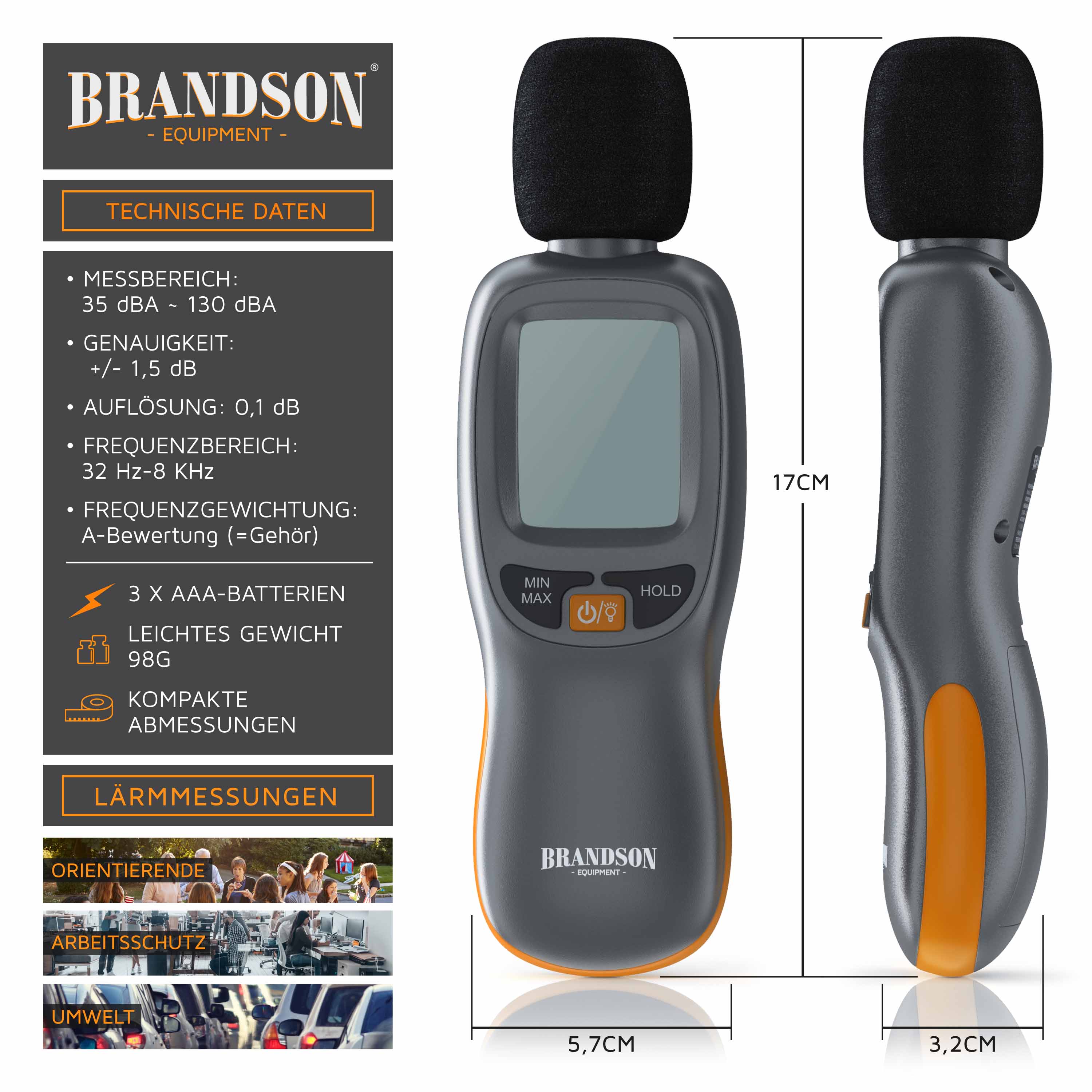 Brandson digitales Schallpegelmessgerät 35 dB(A) bis 130 dB(A) Windschutz - LCD-Display