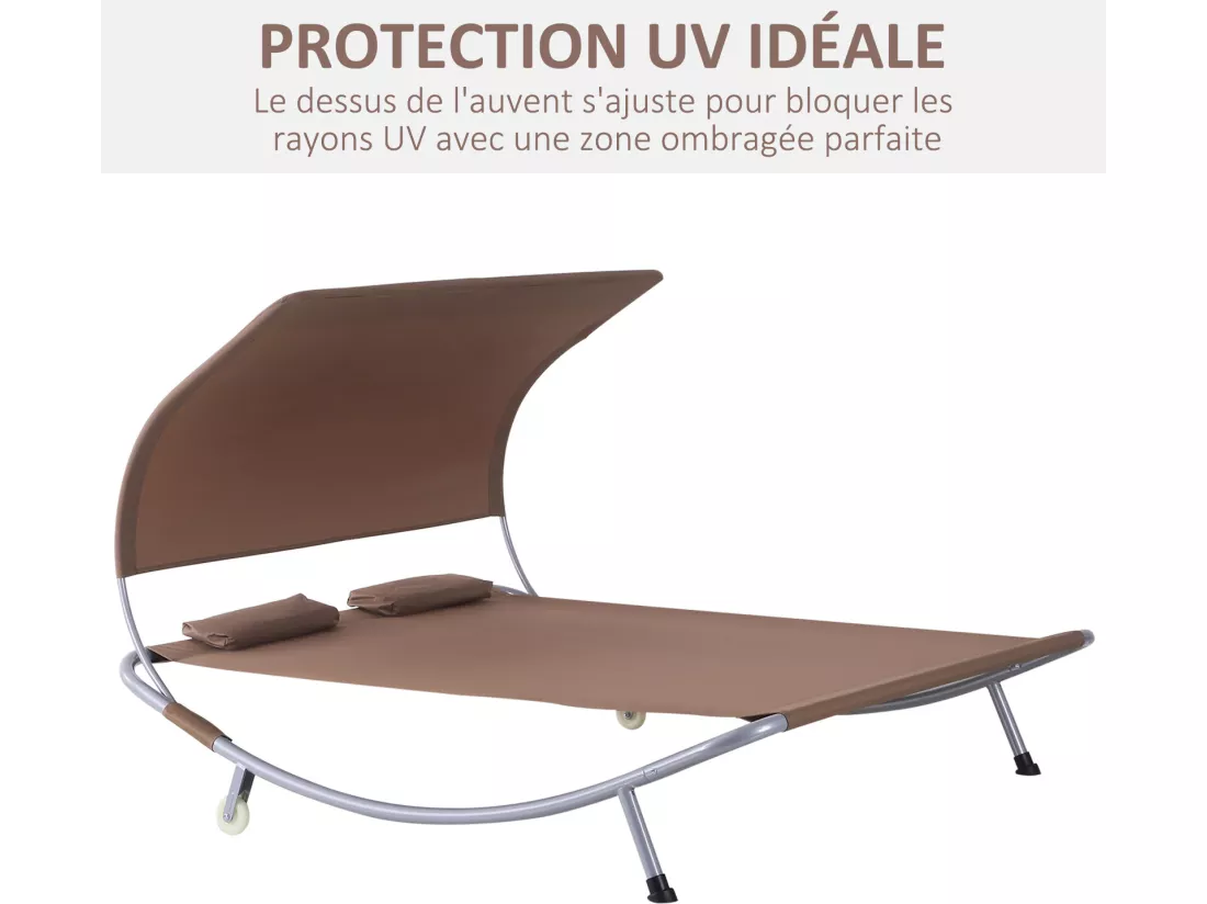 Bain de soleil 2 places lit de jardin design contemporain toit réglable 2 roulettes 2 oreillers acier époxy polyester marron
