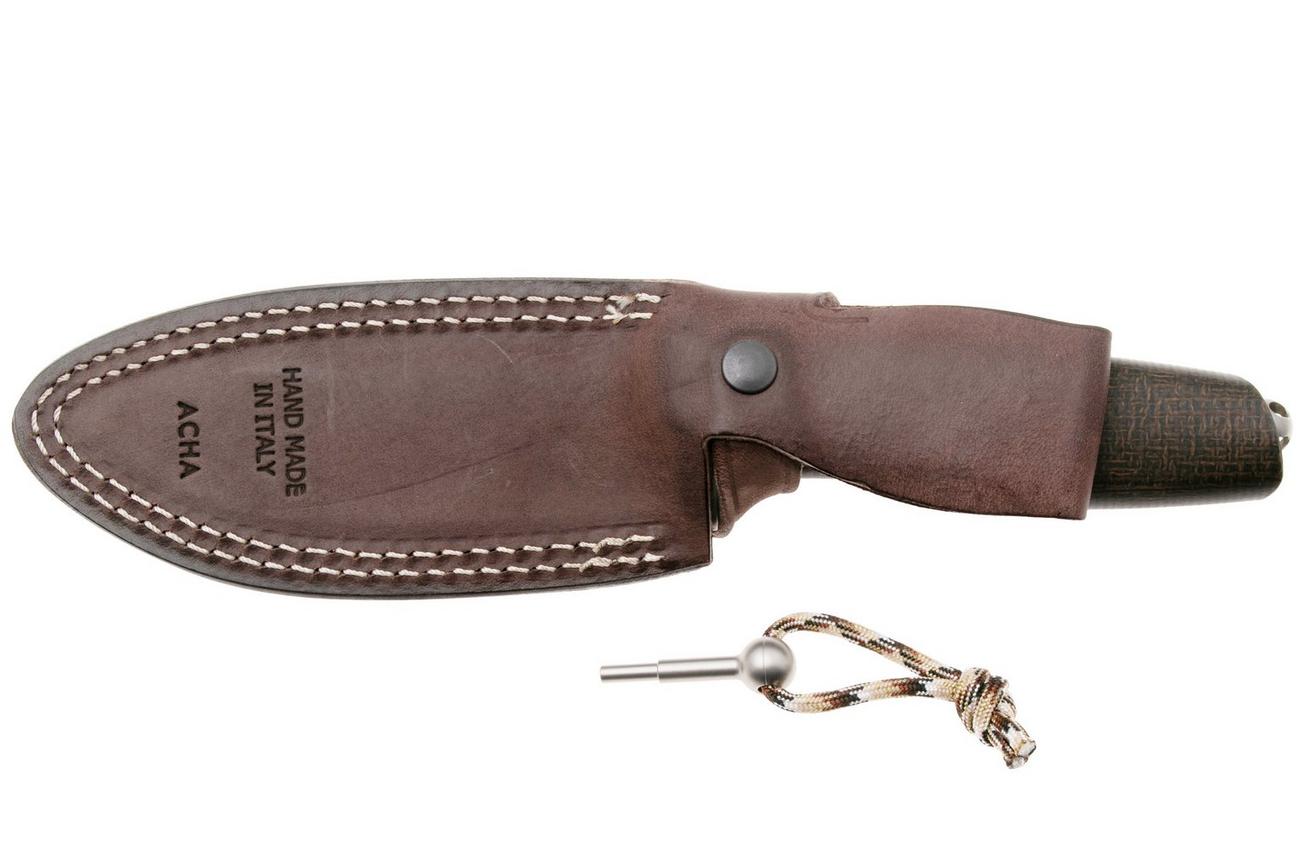 LionSteel Acha AH BLG Satin M390, Green Burlap Micarta, Titanium Guard, vaststaand mes
