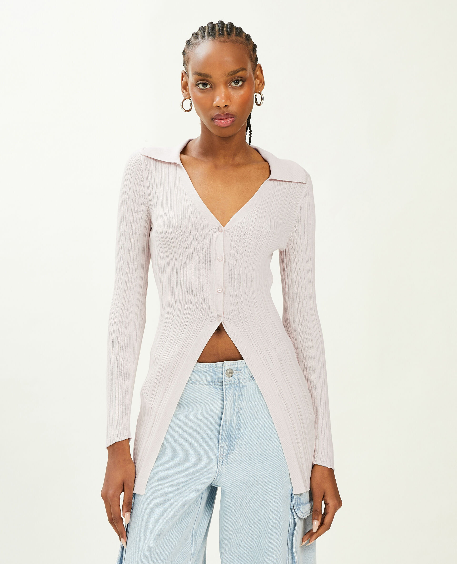 Gilet long en maille côtelée col polo - Écru