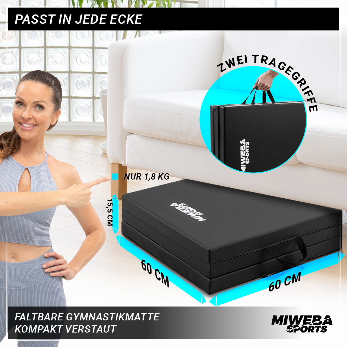 Miweba Sports Gymnastikmatte GM100, faltbar, rutschfest, Turnmatte für zuhause, Tragegriffe, PVC (Schwarz)