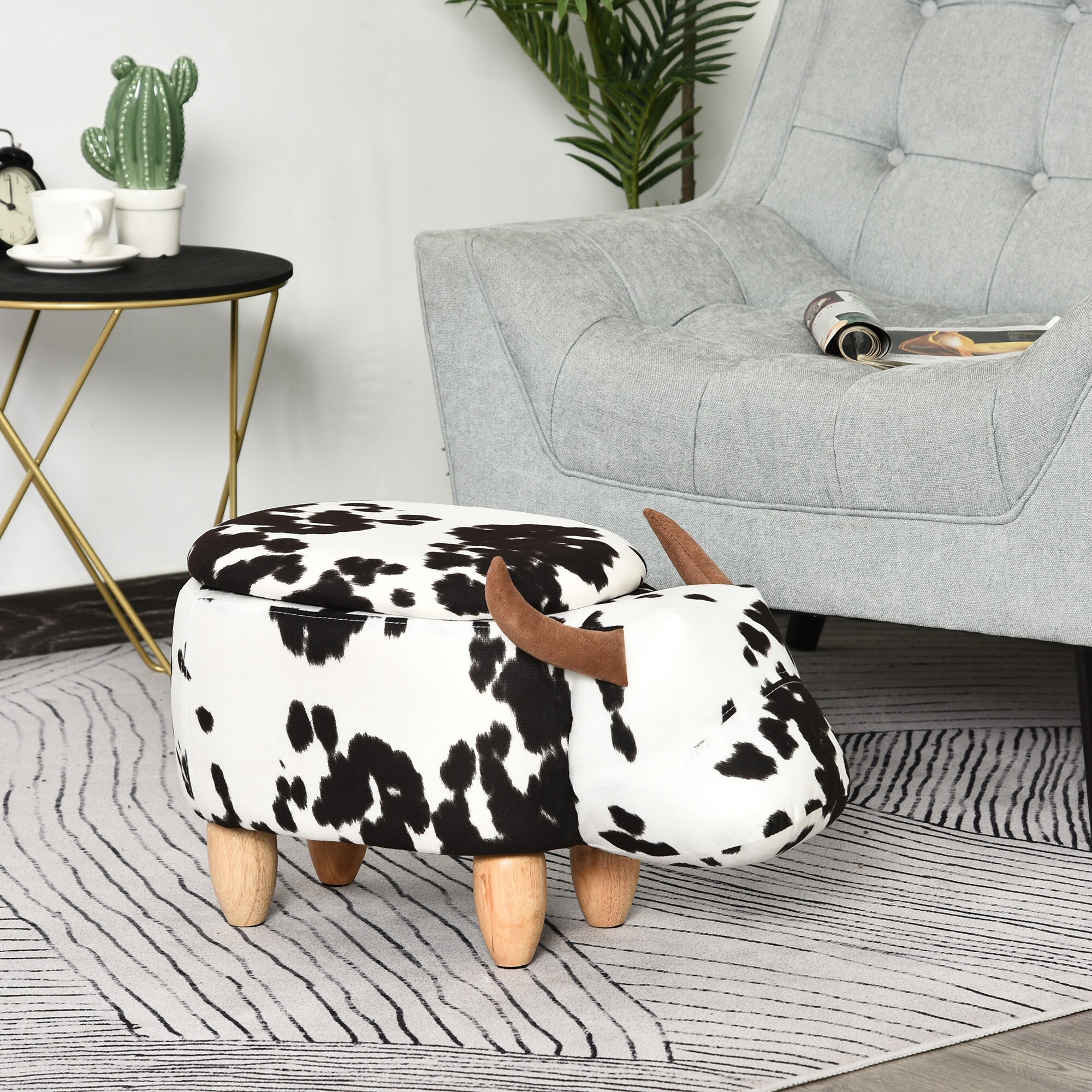 HOMCOM Kinderhocker im Kuh Design schwarz, weiß, natur 62 x 35 x 36 cm (LxBxH)