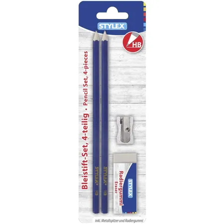 Stylex Bleistiftset bestehend aus 2 Bleistifte HB, 1 Metall-Anspitzer + Radierer, blau