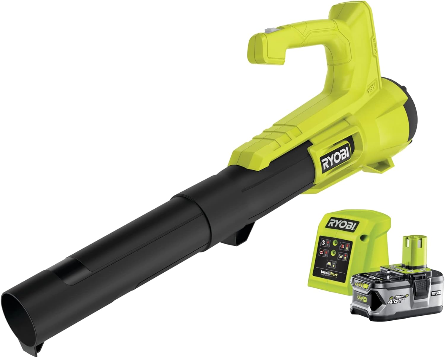 RYOBI 18 V ONE+ Akku-Laubgebläse RY18BLA-140 (Luftgeschwindigkeit 145 km/h, Luftvolumen 7,1 m³/min, inkl. 4,0 Ah Akku und Ladegerät)