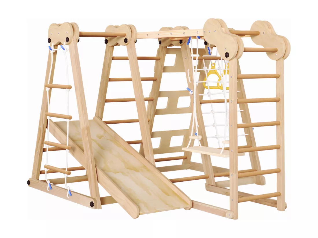 Aire de jeu 7 en 1 pour enfant - avec toboggan, barre d'escalade, balançoire, corde d'escalade, échelles en filet - couleur bois