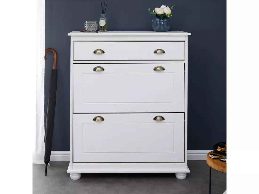 Meuble à chaussures COLMAR armoire rangement avec 2 abattants et 1 tiroir, en pin massif lasuré blanc