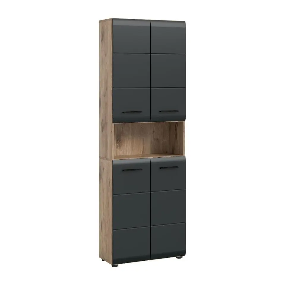 Hioshop Ice kolomkast 4 deuren- 1 plank zwart mat- eiken decor
