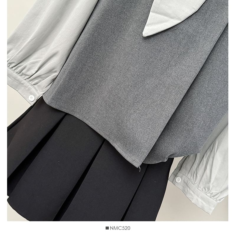 Lemongrass - Tweedelige losse blouse met strikhals en sjerp