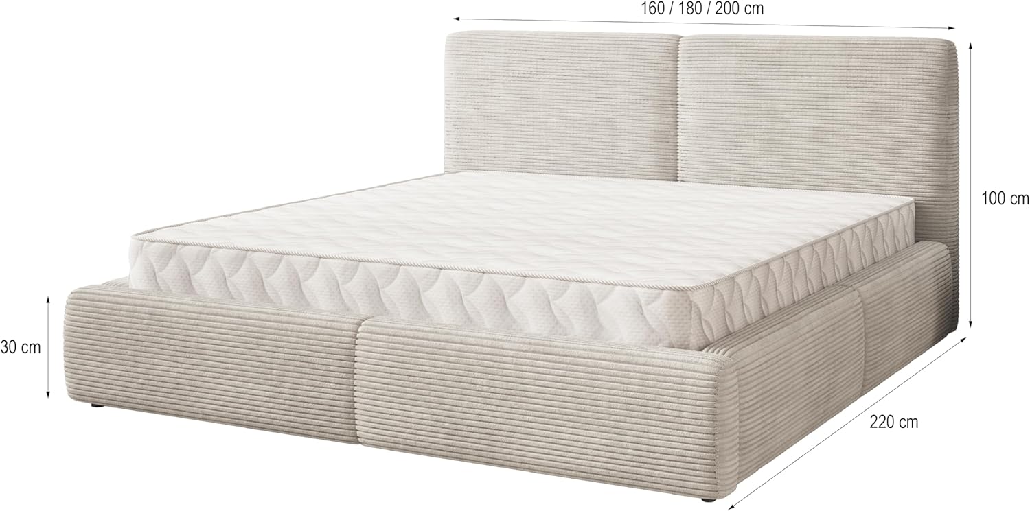 Masseno Polsterbett FELURO P 180x200 cm, Doppelbett, Bettkasten, Stauraum, Lattenrost Und Kopfteil - Hellgrau, POSO 55